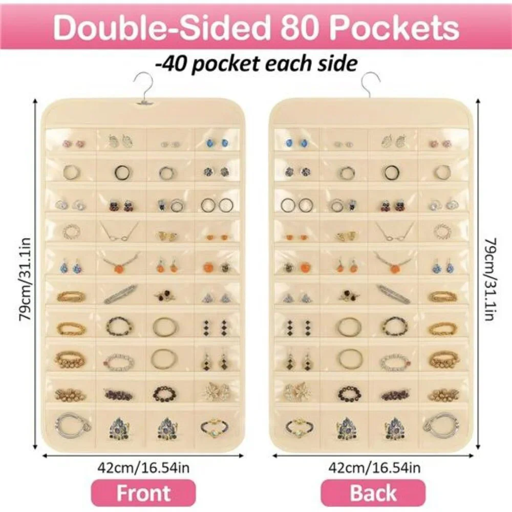Hanging Jewelry Organizer Closet Storage with 80 Clear Pockets Earrings Necklace